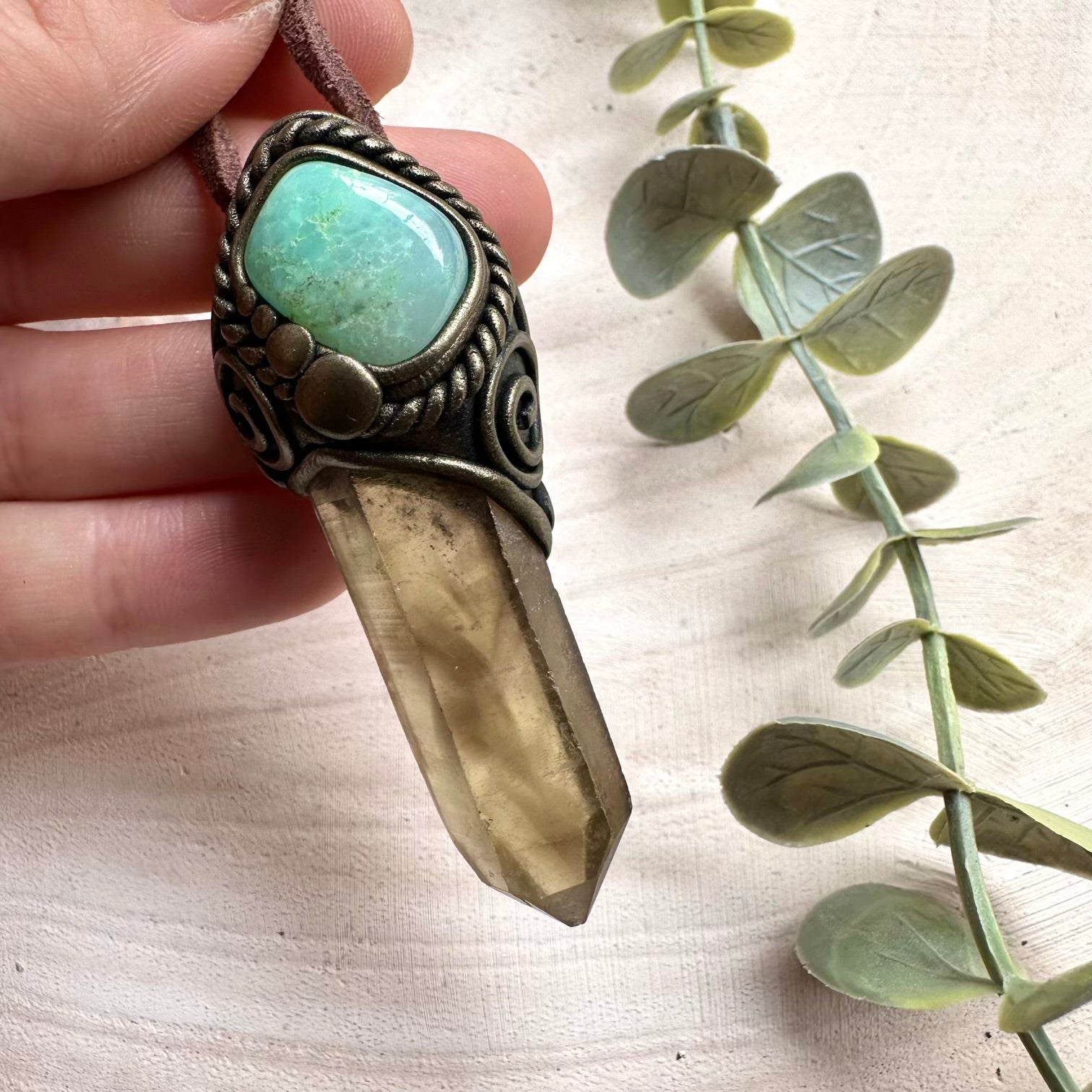 Smoky Quartz and Chrysoprase Pendant, Unisex Crystal Necklace