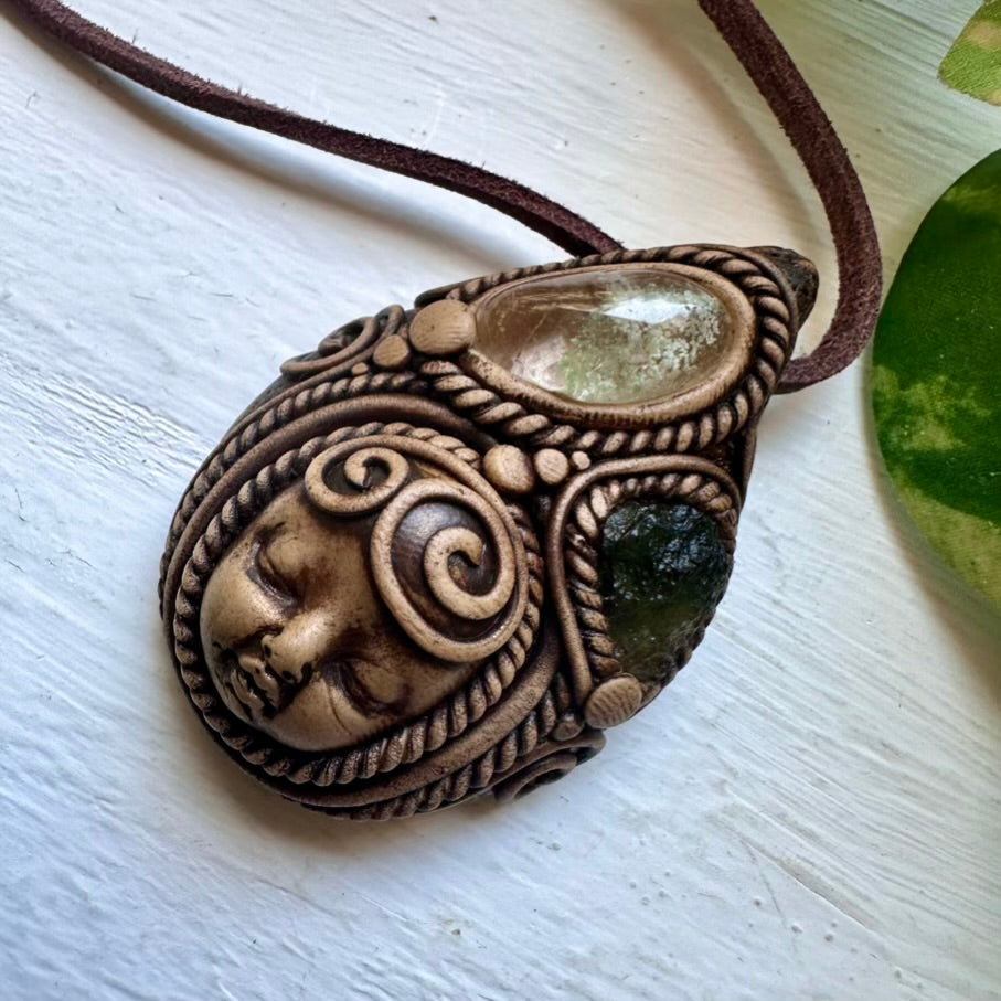 Chlorite Quartz and Moldavite Goddess Necklace - FairyGardenGlow