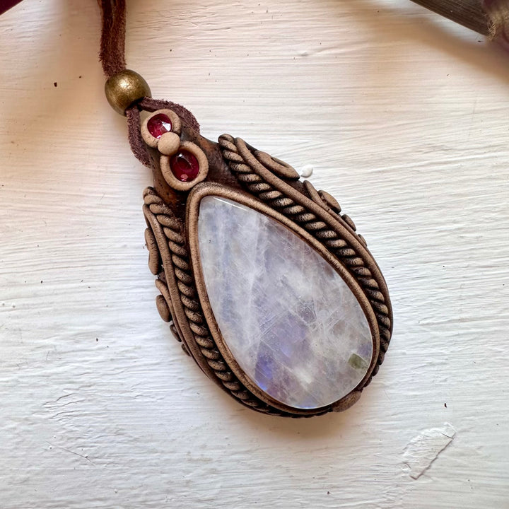 Rainbow Moonstone and Ruby Necklace - FairyGardenGlow