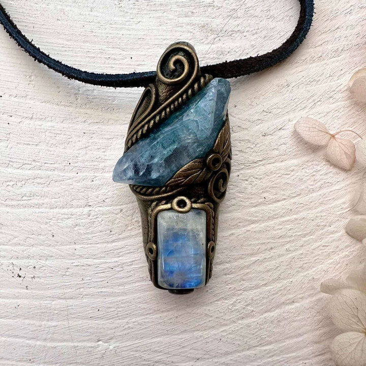 Aqua Aura Quartz and Moonstone Necklace - FairyGardenGlow