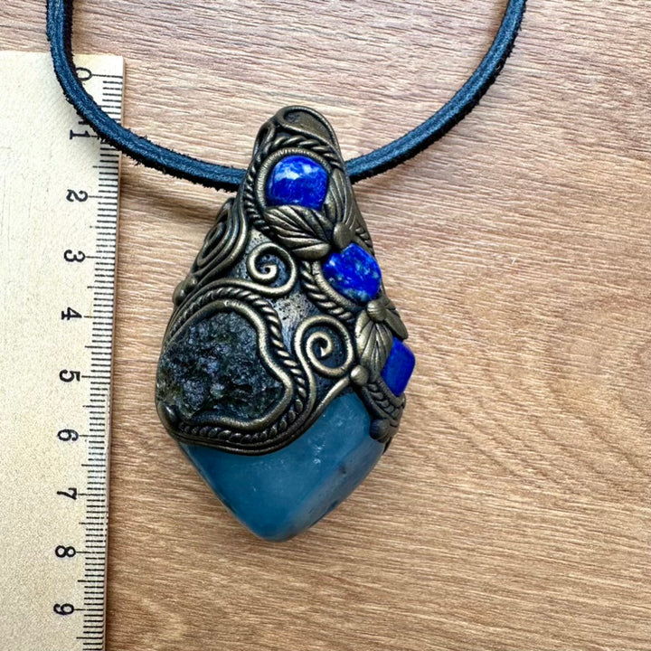Aquamarine including Black Tourmaline Moldavite and Lapis Lazuli Crystal Pendant Necklace / Healing Crystal Talisman - FairyGardenGlow