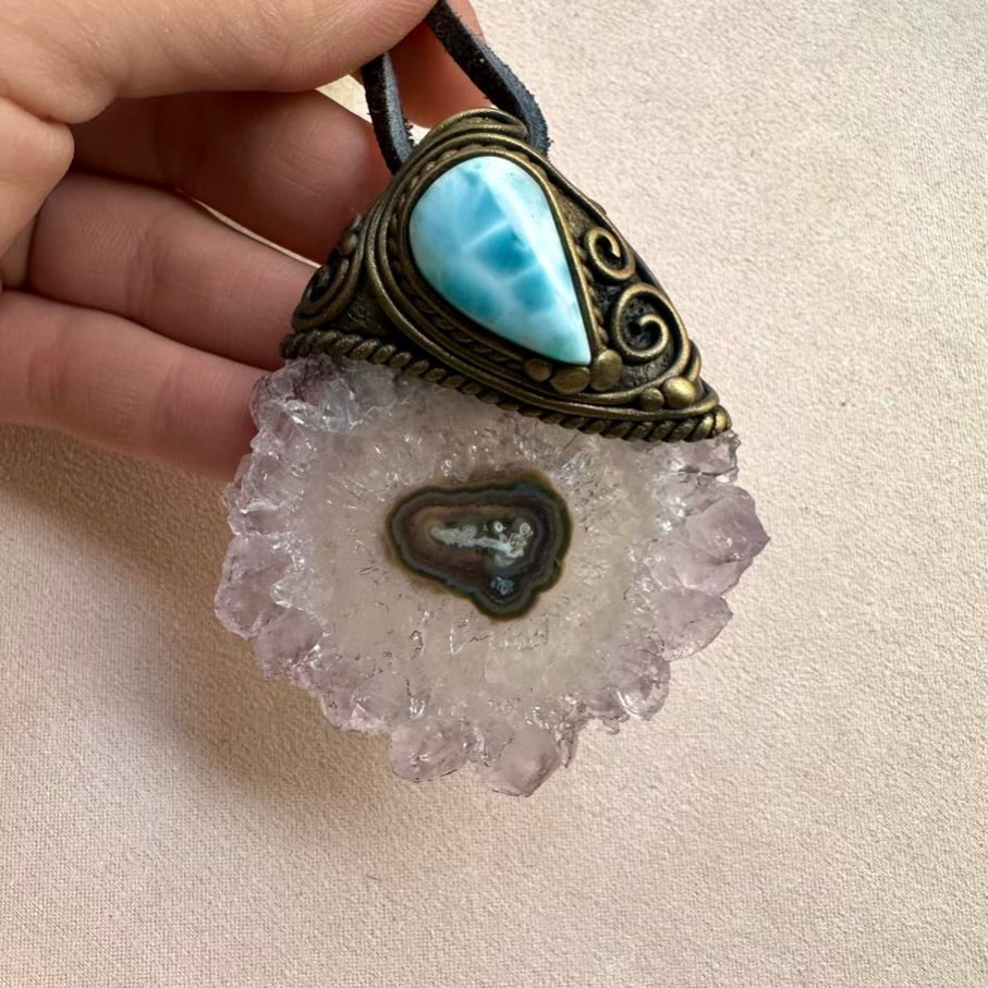 Amethyst Stalactite and Larimar Crystal Necklace - FairyGardenGlow