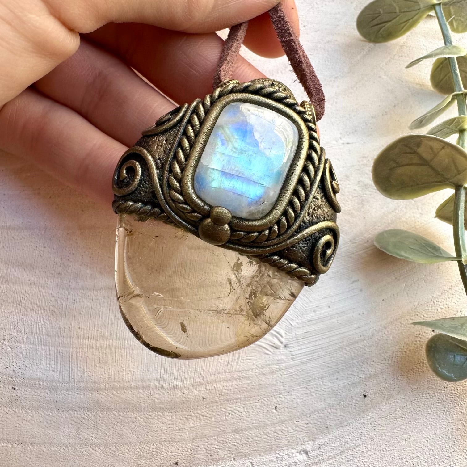 Natural Citrine and Rainbow Moonstone Pendant Necklace