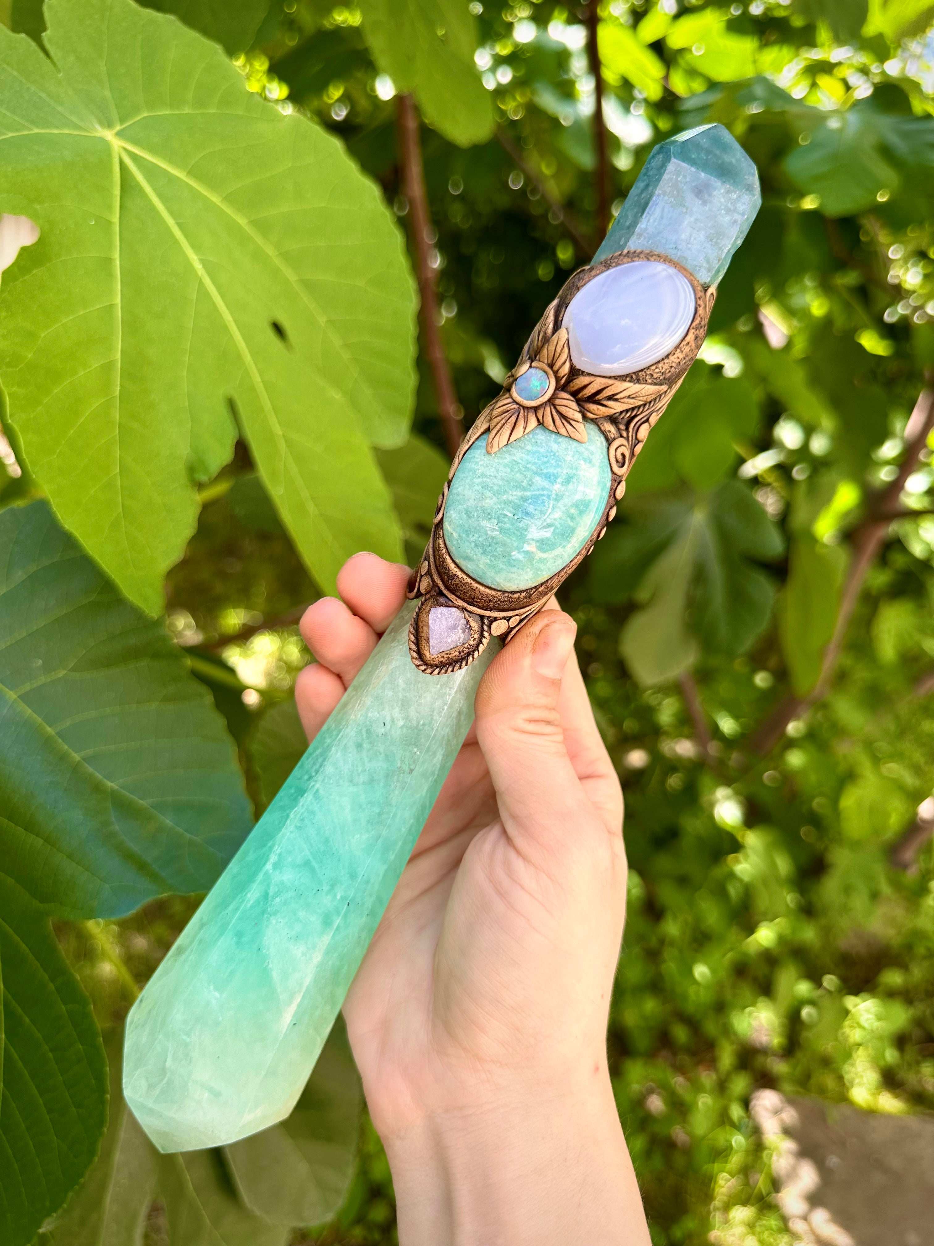 Crystal Wand - Green Fluorite, Aqua Aura Quartz, Amazonite, Blue Chalcedony, Tanzanite and Australian Opal Doublet - FairyGardenGlow