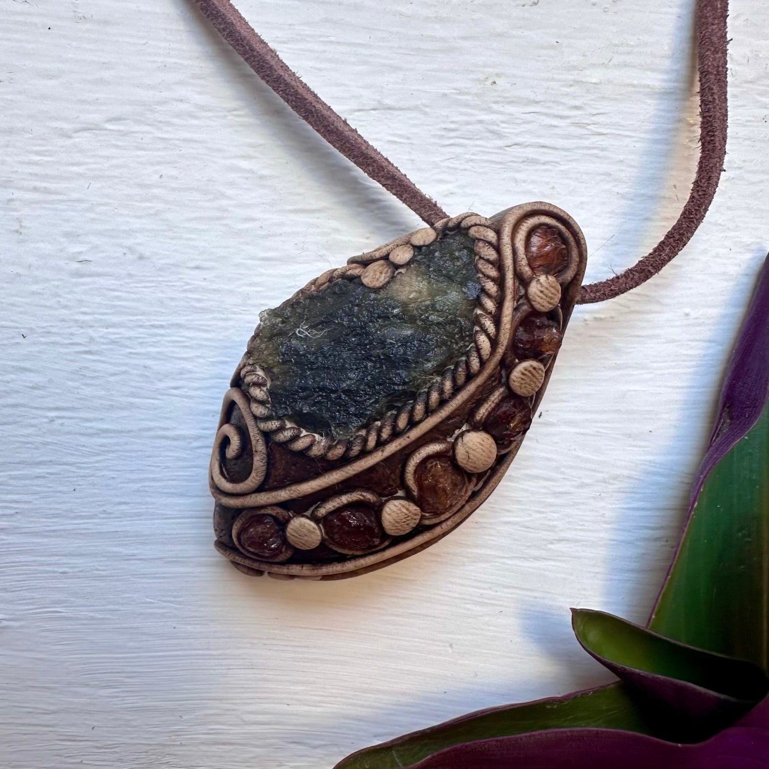 Moldavite and Hessonite Garnet Necklace, Unisex Crystal Jewelry - FairyGardenGlow