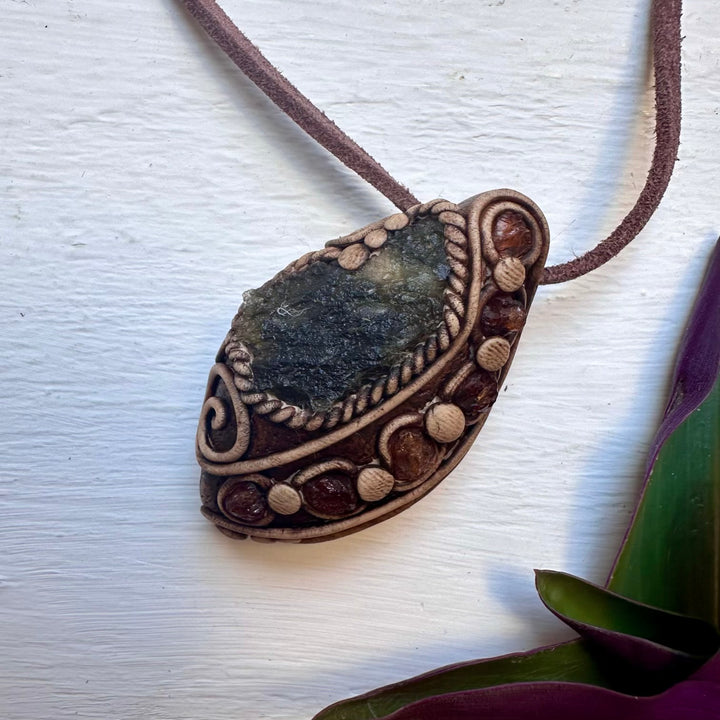 Moldavite and Hessonite Garnet Necklace, Unisex Crystal Jewelry - FairyGardenGlow