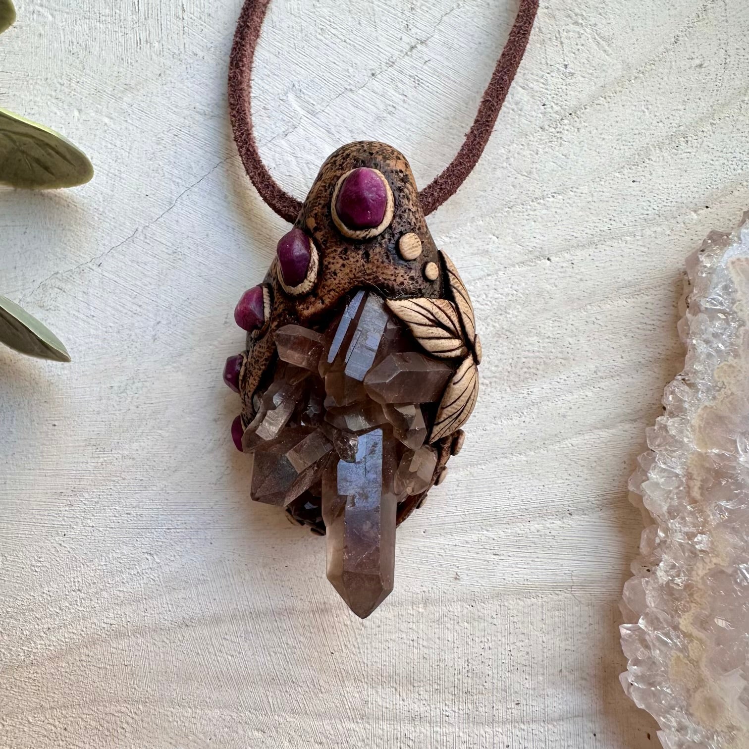 Smoky Quartz Cluster and Ruby Pendant Necklace