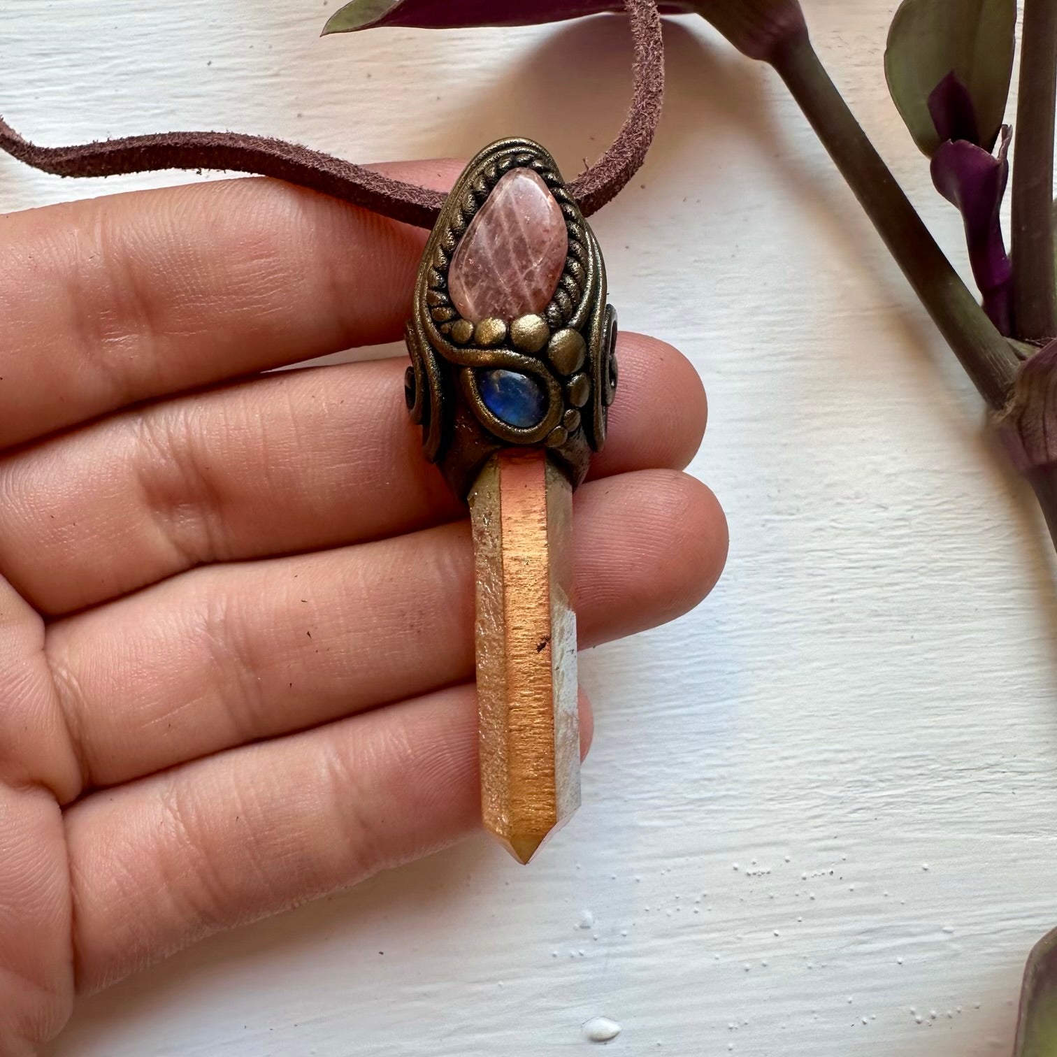 Sunset Aura Quartz Sunstone and Moonstone Pendant Necklace - FairyGardenGlow