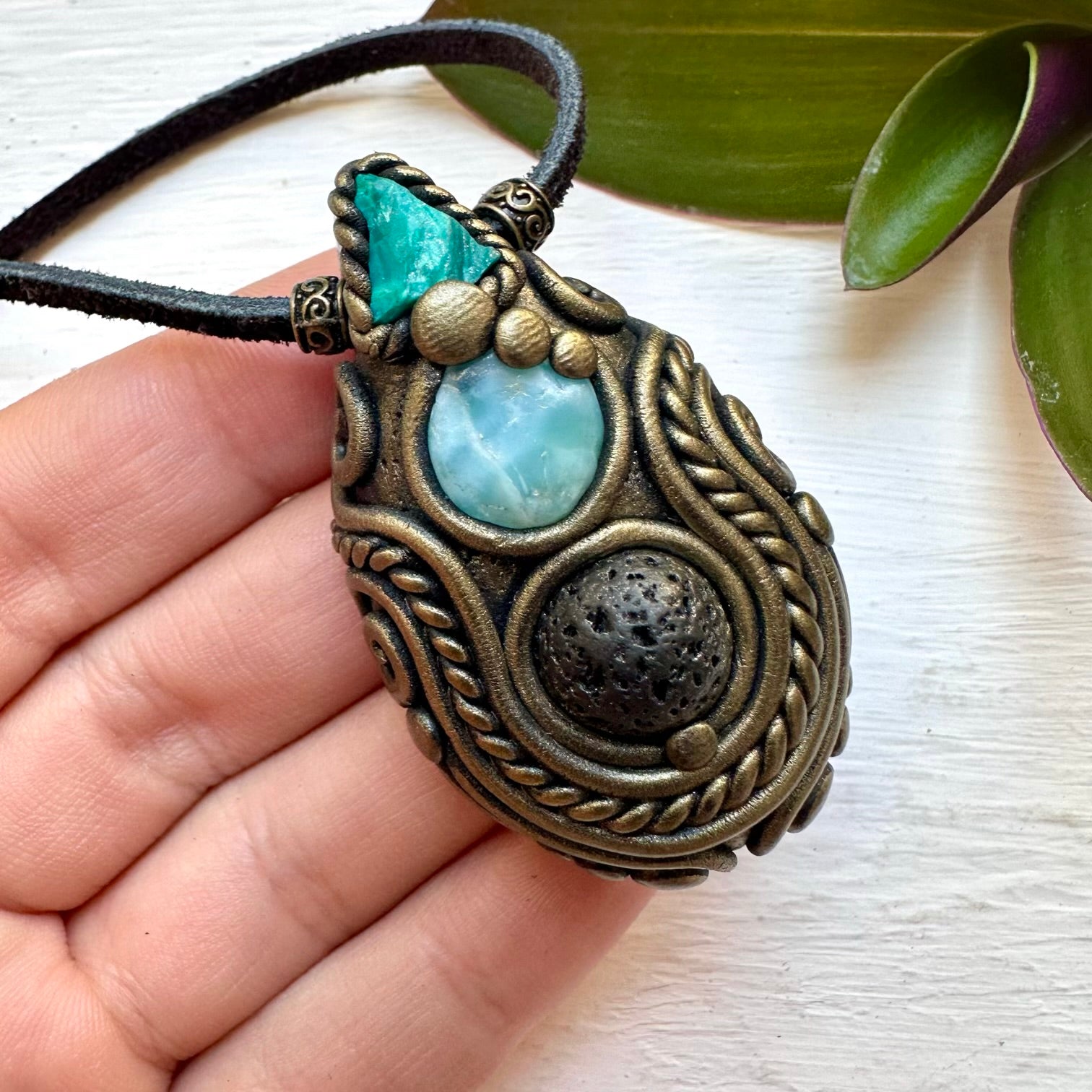 Lava Stone Larimar and Raw Chrysocolla Necklace - FairyGardenGlow
