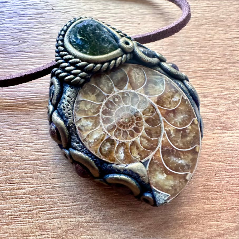Ammonite Moldavite and Red Garnet Necklace - FairyGardenGlow