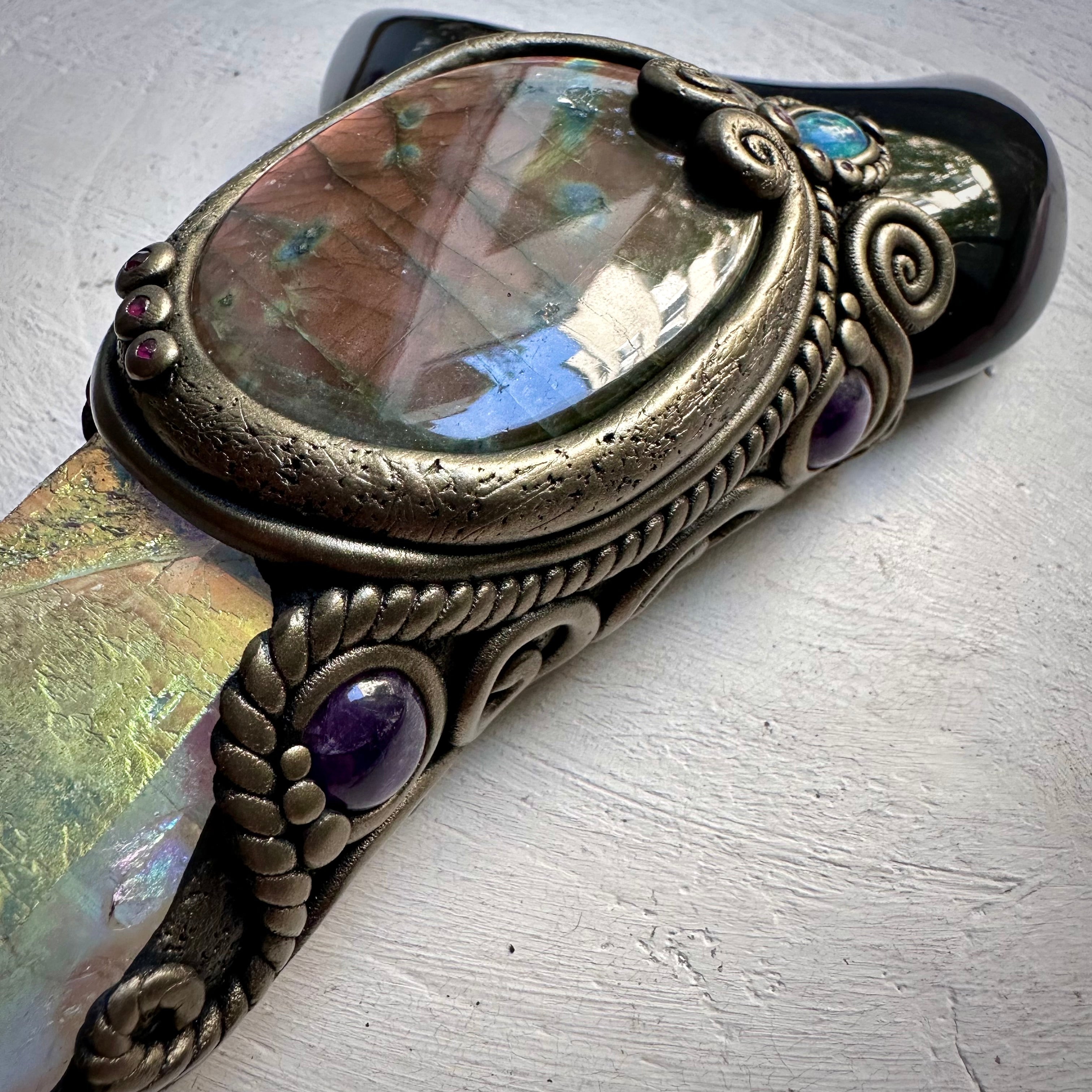 Large Angel Aura Quartz Black Obsidian Moon Labradorite Australian Opal Amethyst and Ruby Wand - FairyGardenGlow