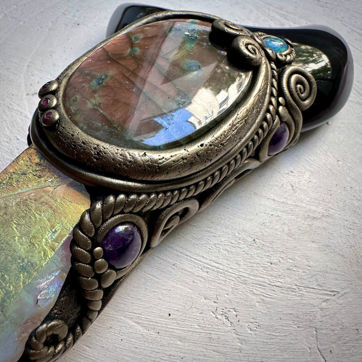 Large Angel Aura Quartz Black Obsidian Moon Labradorite Australian Opal Amethyst and Ruby Wand - FairyGardenGlow