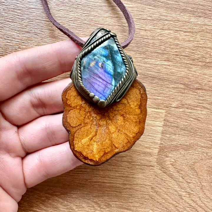 Ayahuasca Slice and Purple Labradorite Pendant Necklace - FairyGardenGlow