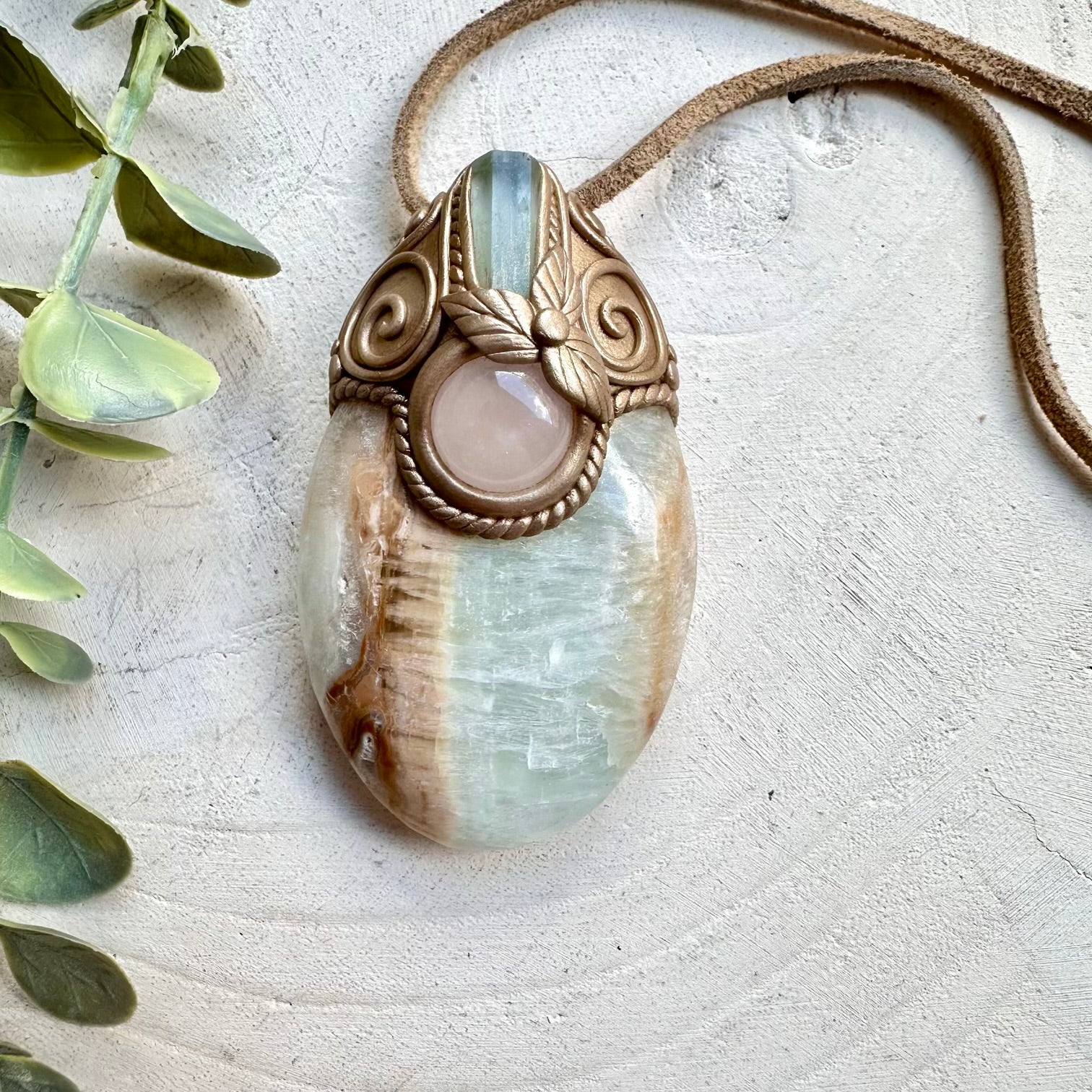 Pistachio Calcite Rose Quartz and Aquamarine Pendant Necklace