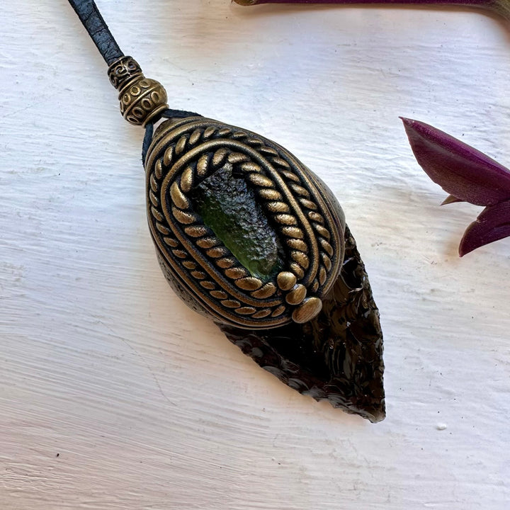 Black Obsidian Arrowhead and Moldavite Necklace - FairyGardenGlow