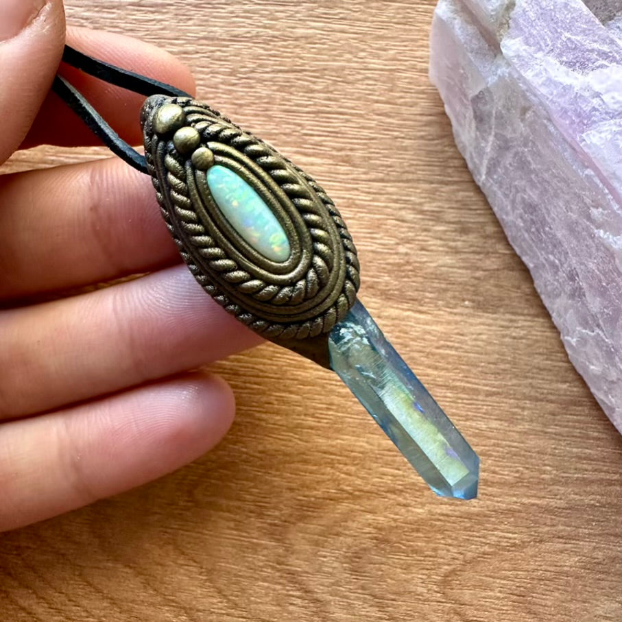 Aqua Aura Quartz and Australian Opal Pendant Necklace - FairyGardenGlow