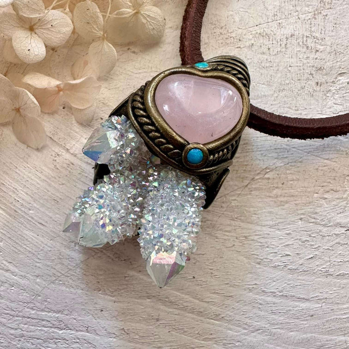 Angel Aura Spirit Quartz Cluster Rose Quartz and Australian Opal Necklace - FairyGardenGlow