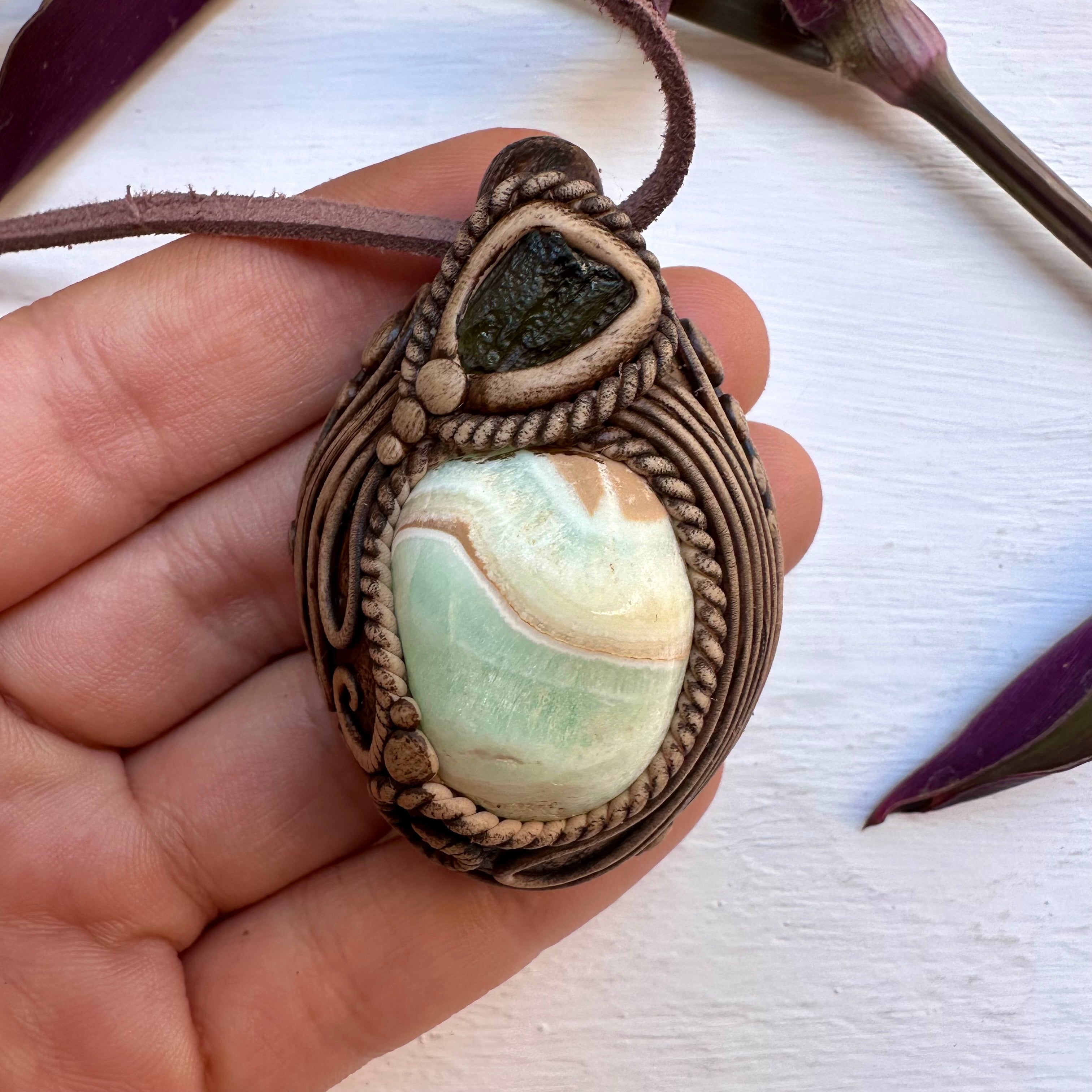 Caribbean Calcite and Moldavite Necklace - FairyGardenGlow