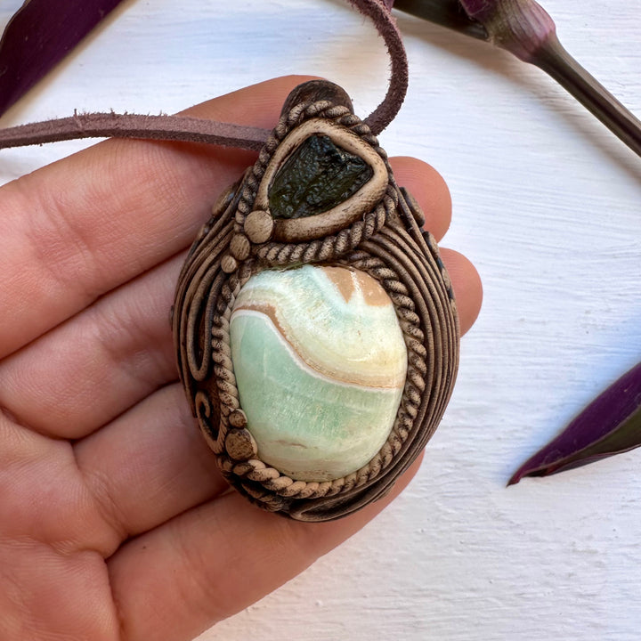 Caribbean Calcite and Moldavite Necklace - FairyGardenGlow