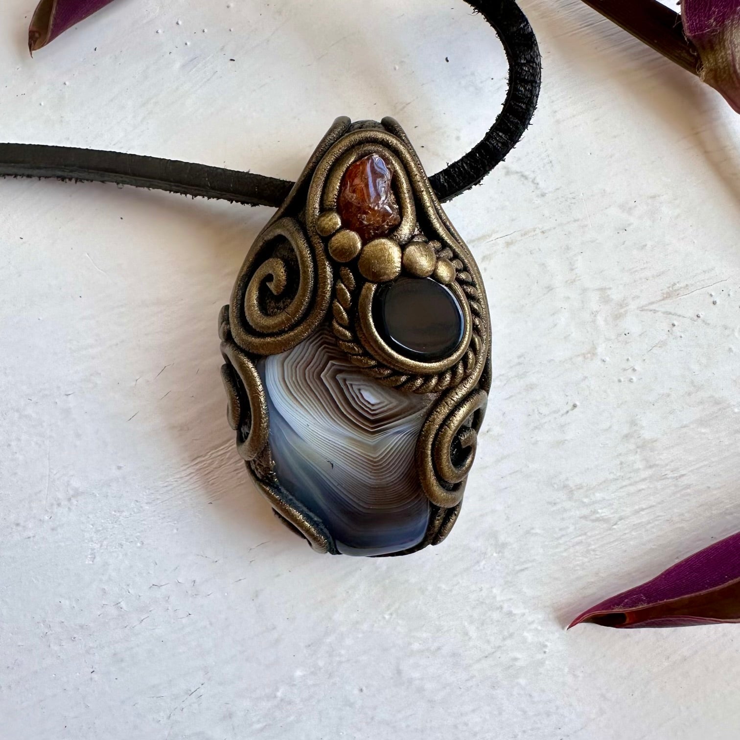 Botswana Agate Black Onyx and Hessonite Garnet Pendant Necklace - FairyGardenGlow