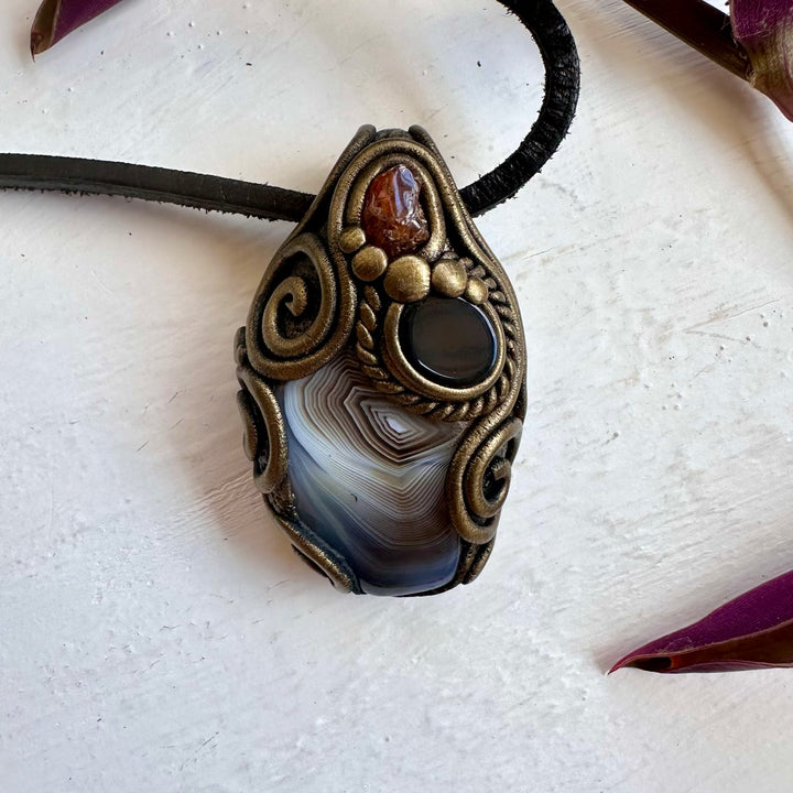 Botswana Agate Black Onyx and Hessonite Garnet Pendant Necklace - FairyGardenGlow