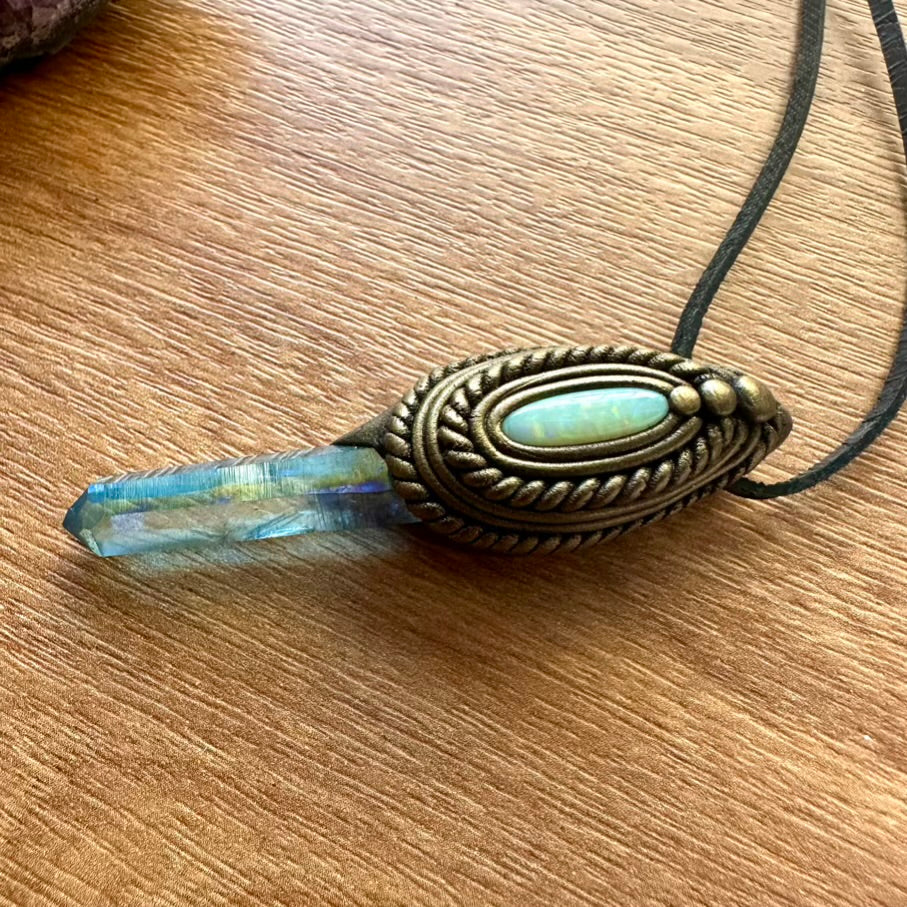 Aqua Aura Quartz and Australian Opal Pendant Necklace - FairyGardenGlow