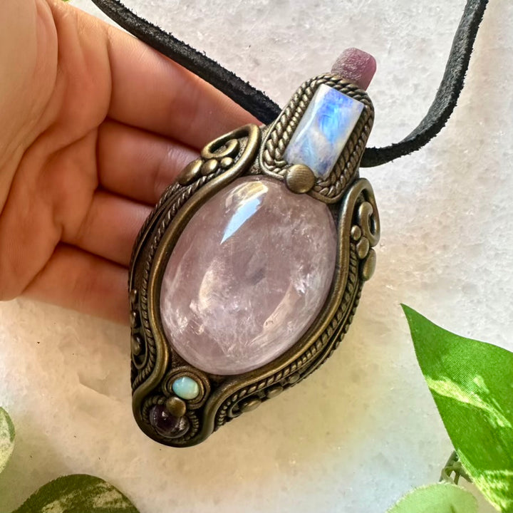Rose Quartz Amethyst Rainbow Moonstone Ruby and Australian Opal Pendant, Healing Crystal Talisman - FairyGardenGlow