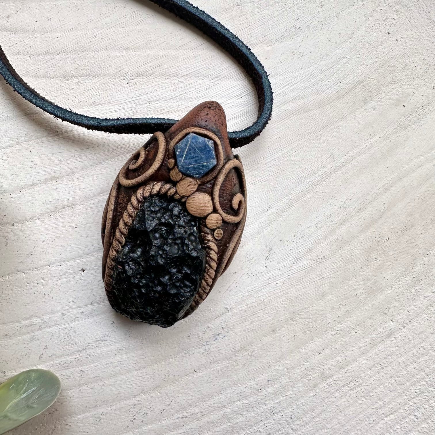 Black Tektite and Blue Sapphire Pendant Necklace