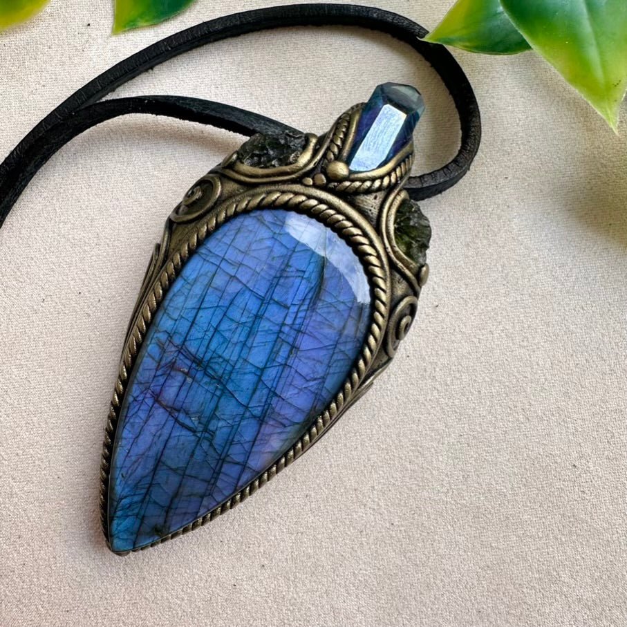 Large Deep Purple - Blue Labradorite with Aqua Aura Quartz and Moldavite Necklace - FairyGardenGlow