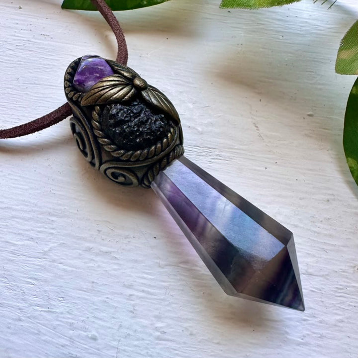 Rainbow Fluorite Moldavite and Charoite Healing Crystal Talisman - FairyGardenGlow