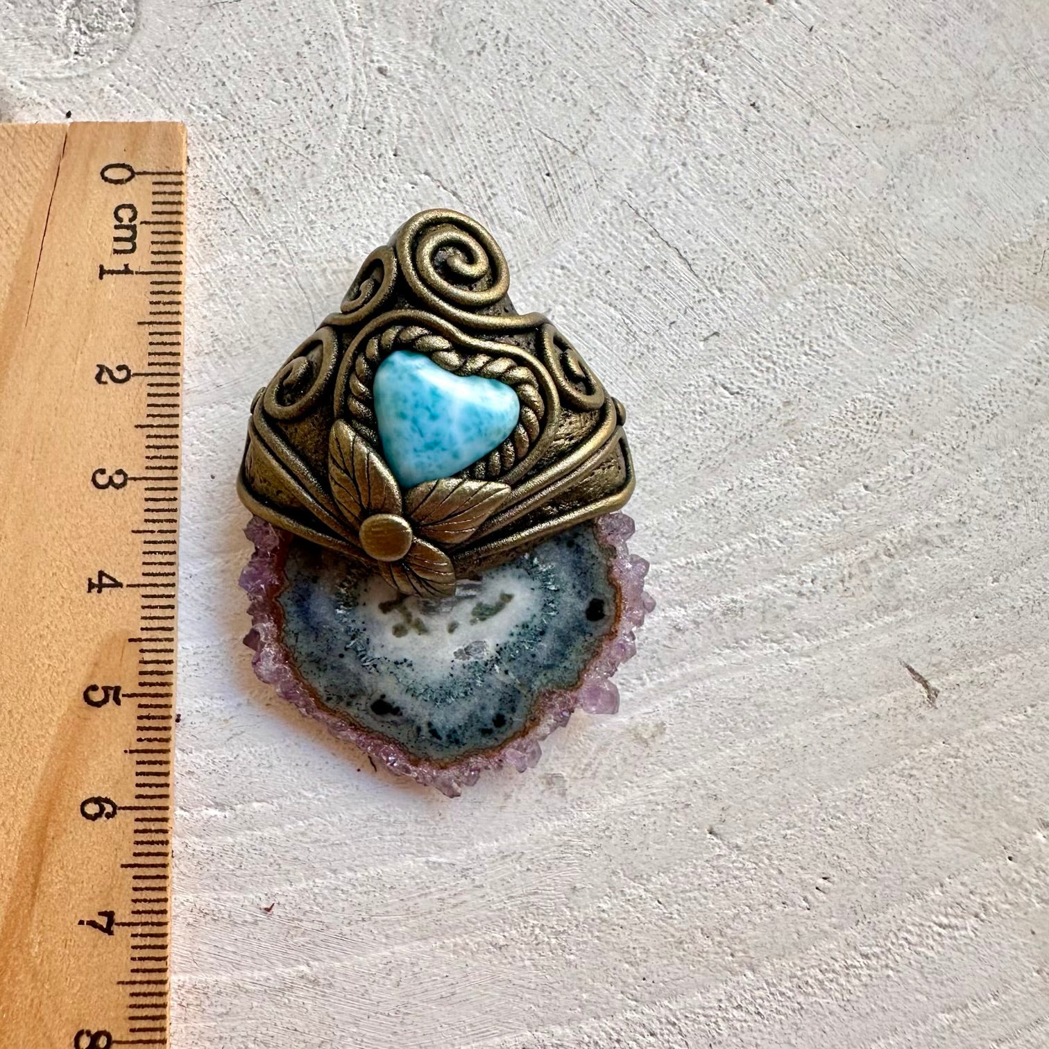 Amethyst Stalactite and Larimar Heart necklace handcrafted with natural crystals and gemstones.