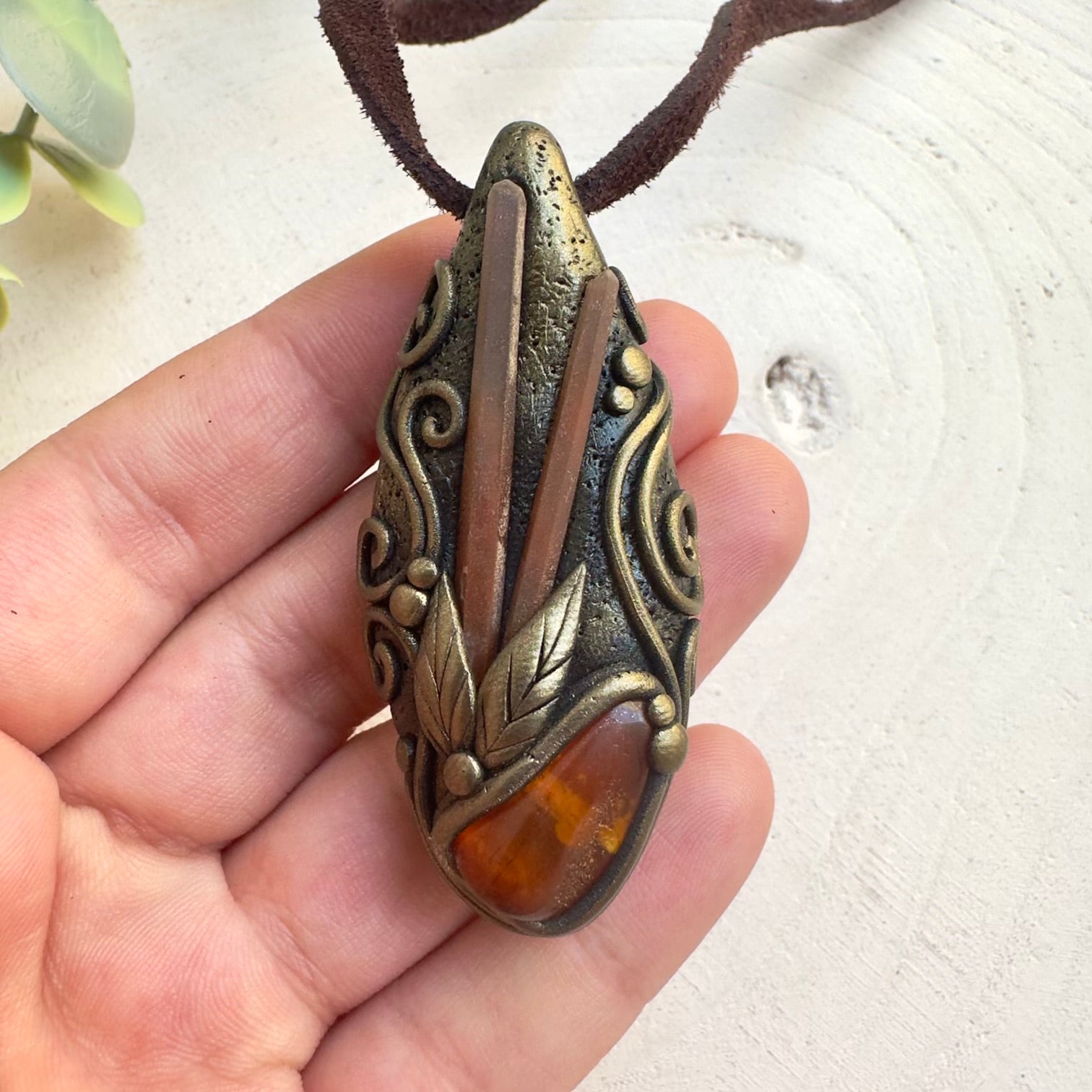 Crystal healing necklace with Amber and Red Quartz gemstones