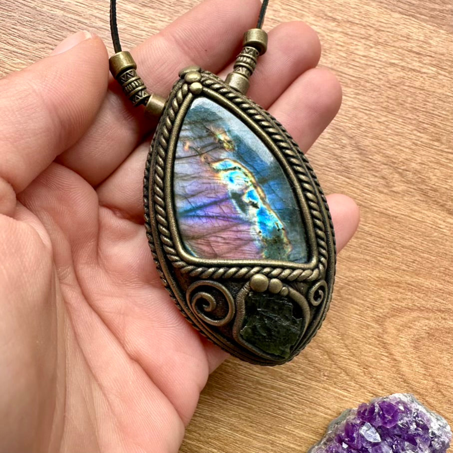 Purple Labradorite and Moldavite Necklace, Handmade Protection Amulet - FairyGardenGlow