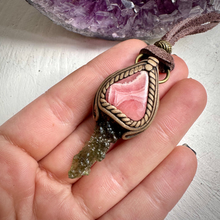 Moldavite and Rhodochrosite Necklace - FairyGardenGlow