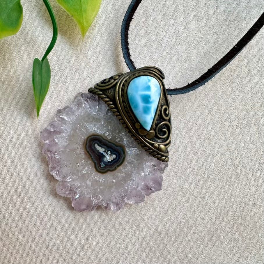 Amethyst Stalactite and Larimar Crystal Necklace - FairyGardenGlow