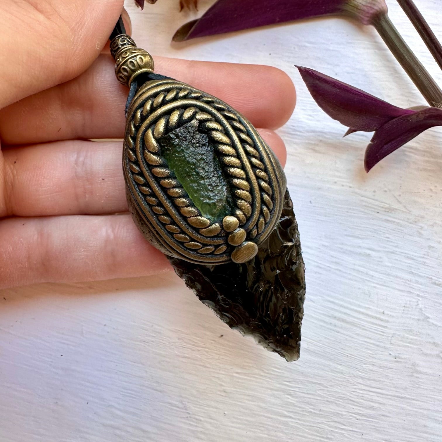 Black Obsidian Arrowhead and Moldavite Necklace - FairyGardenGlow