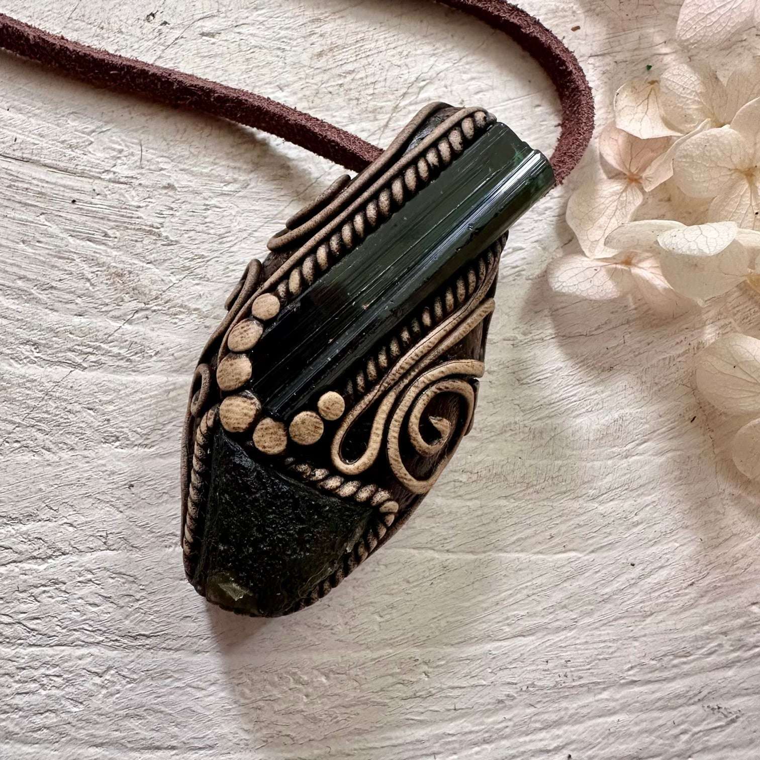 Green Tourmaline and Moldavite Pendant Necklace - FairyGardenGlow