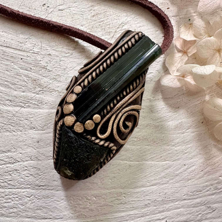 Green Tourmaline and Moldavite Pendant Necklace - FairyGardenGlow