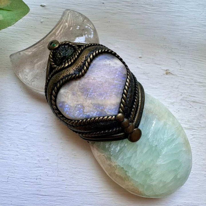Handmade Crystal Wand with Pistachio Calcite Clear Quartz Moon Moldavite Moonstone Heart and Emerald - FairyGardenGlow