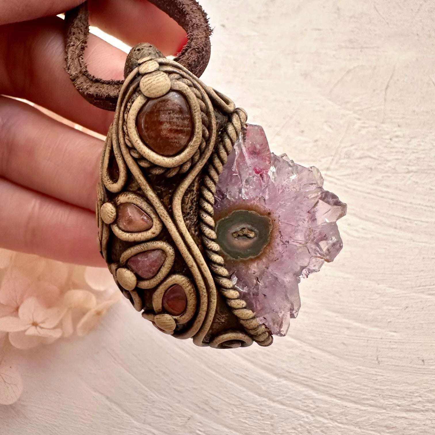 Amethyst Stalactite Sunstone and Pink Tourmaline Pendant Necklace - FairyGardenGlow