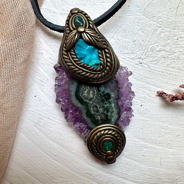 Amethyst Stalactite Raw Chrysocolla and Black Opal Necklace - FairyGardenGlow
