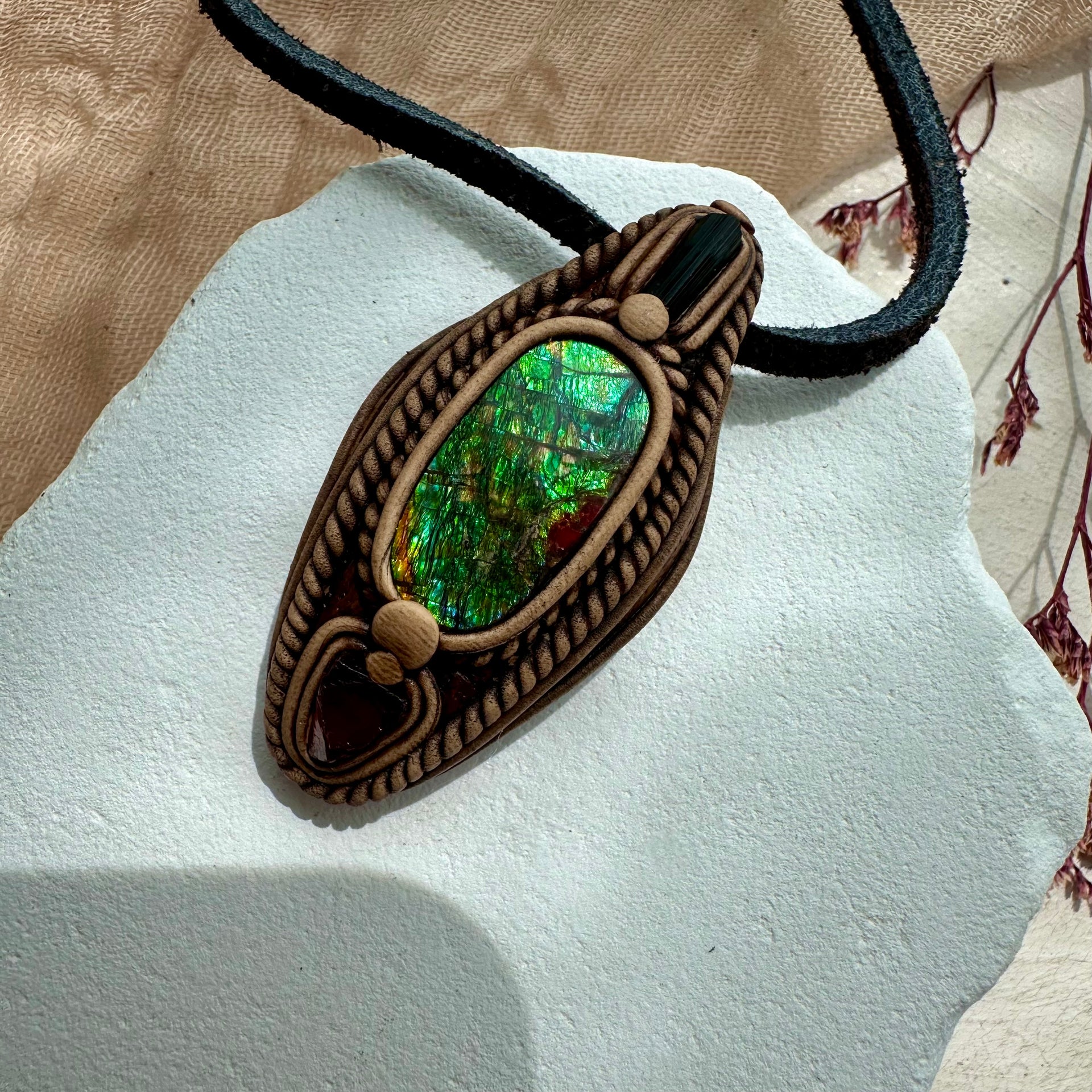 Ammolite Blue Tourmaline and Red Garnet Necklace