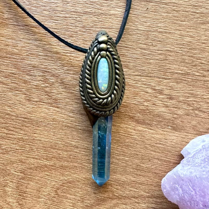 Aqua Aura Quartz and Australian Opal Pendant Necklace - FairyGardenGlow