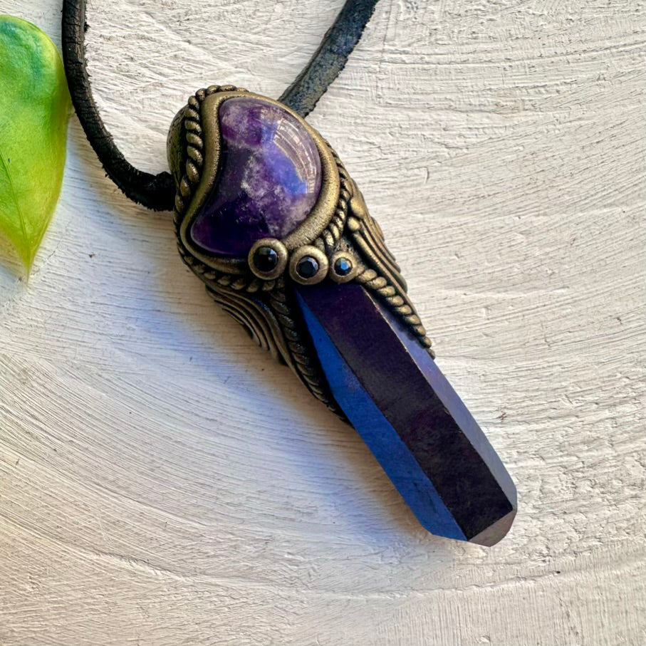 Natural gemstone necklace with Cobalt Aura Quartz and Blue Sapphire