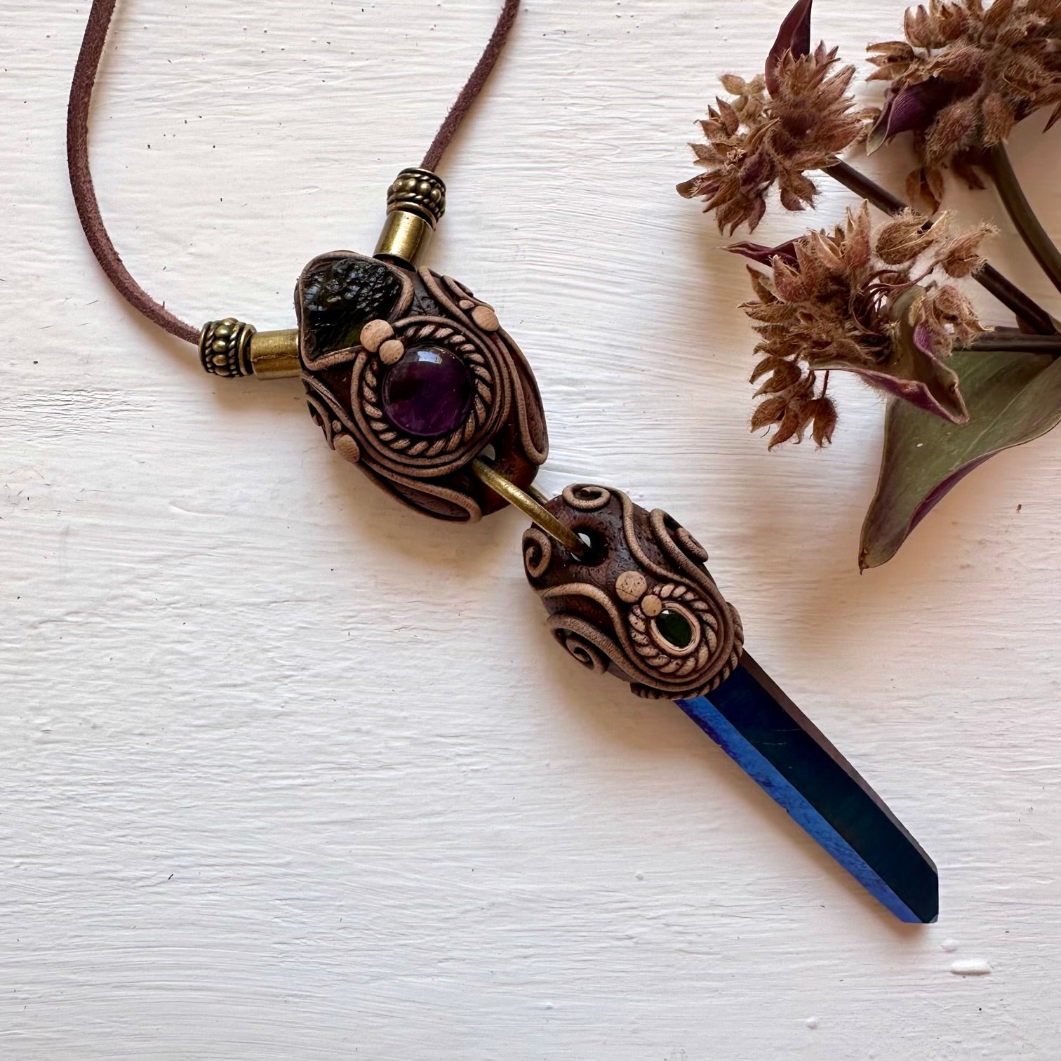 Cobalt Aura Quartz Necklace, Moldavite Amethyst and Emerald Crystal Necklace - FairyGardenGlow