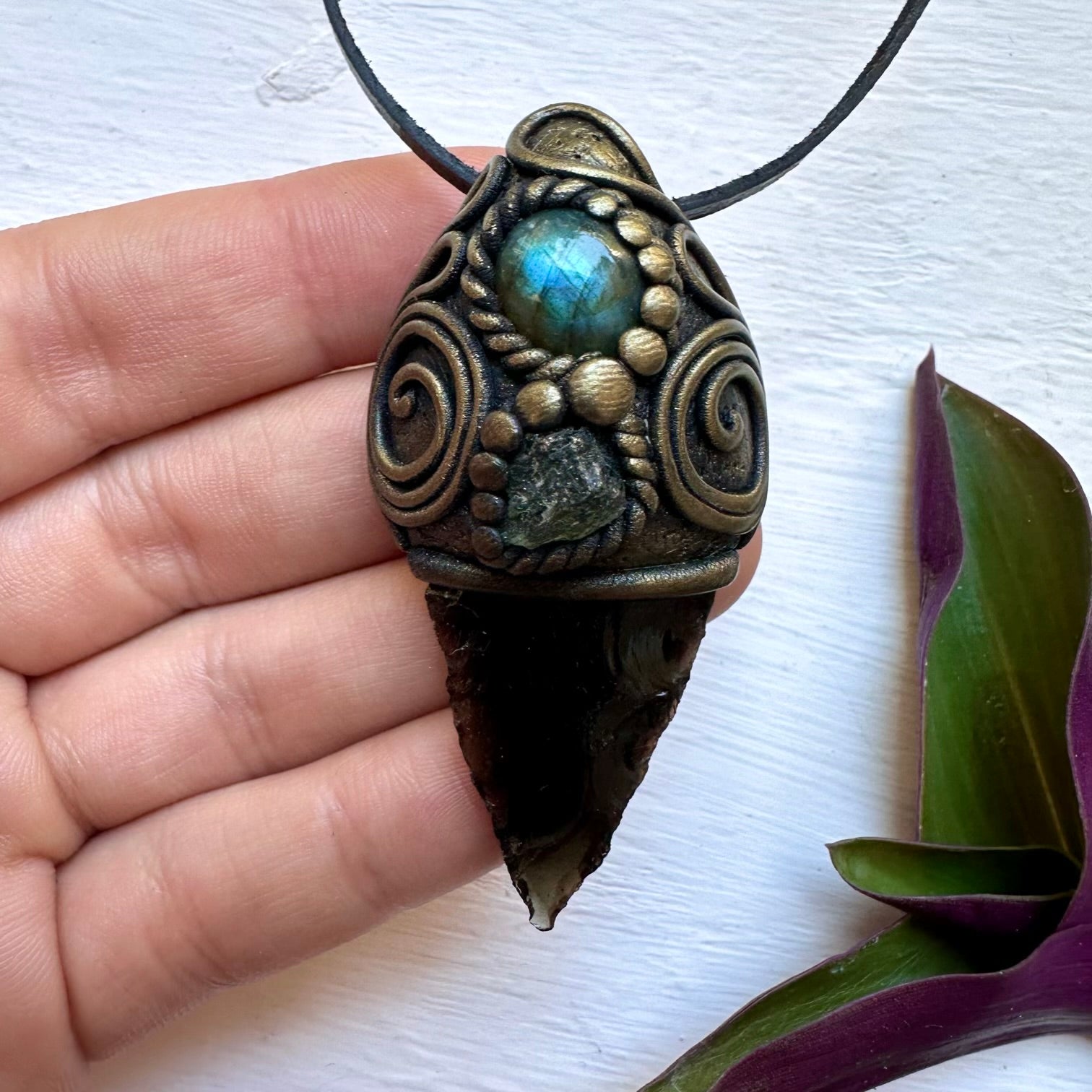 Black Obsidian Arrowhead Labradorite and Moldavite Pendant Necklace