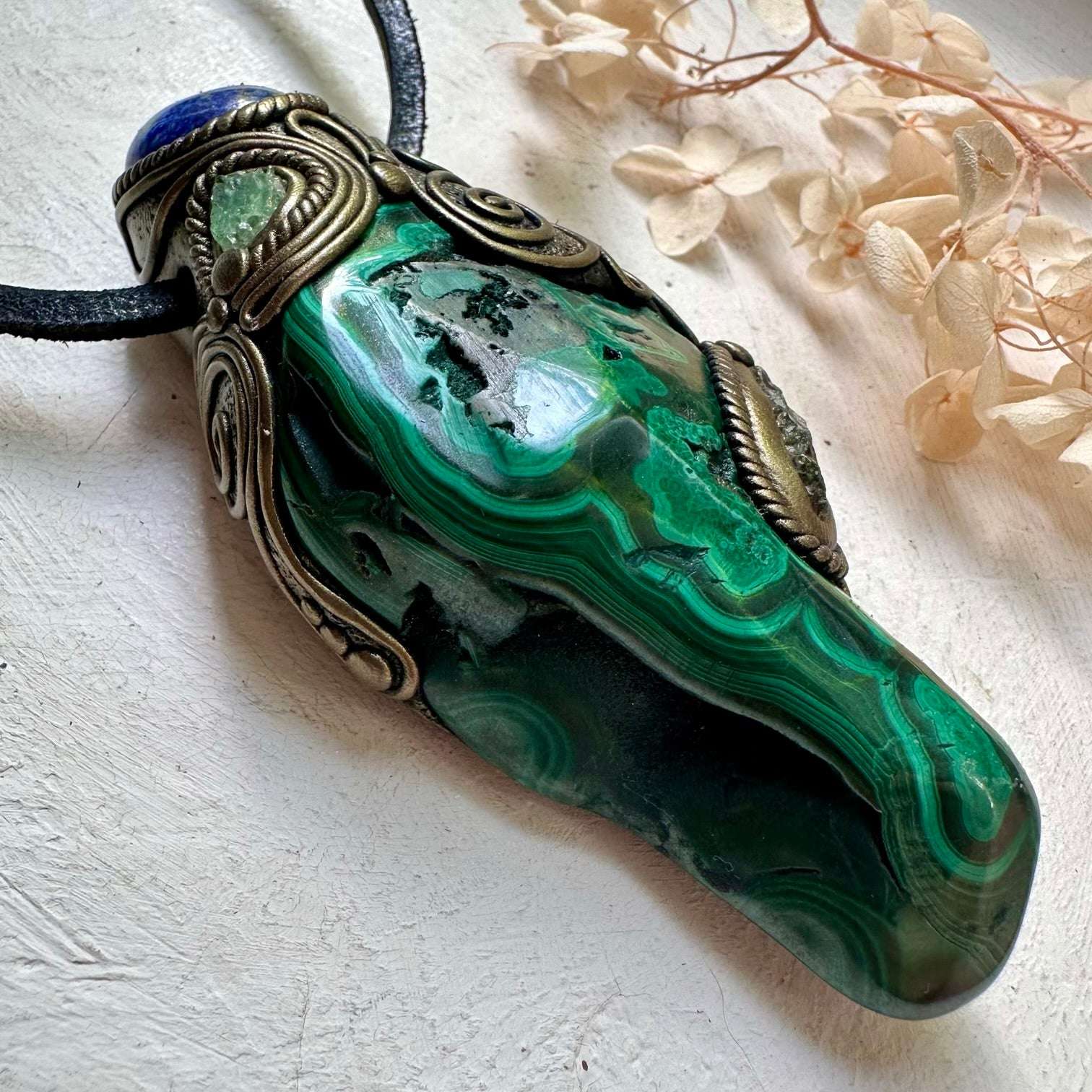 Malachite with Lapis Lazuli Moldavite and Tsavorite Wand / Pendant - FairyGardenGlow
