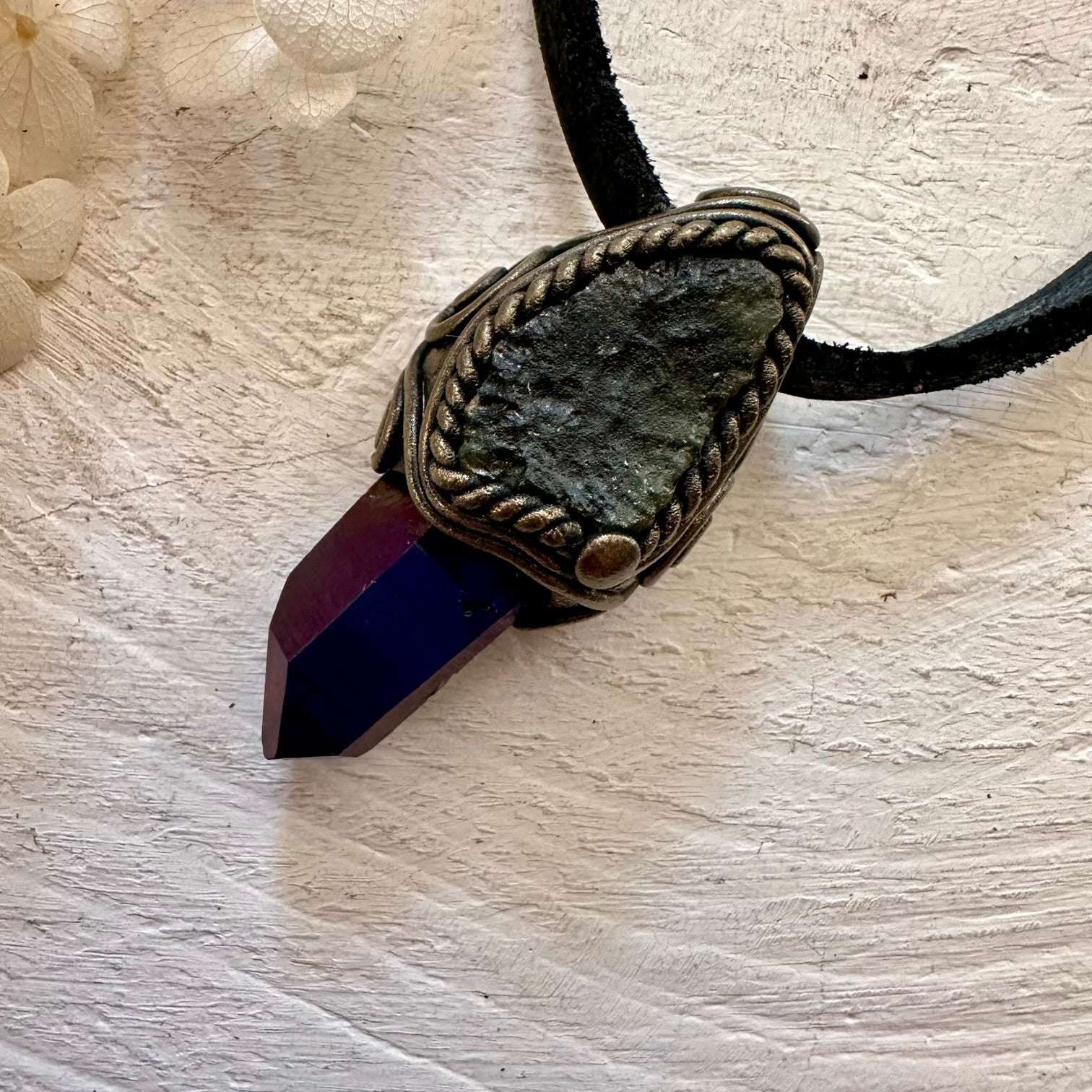 Raw Moldavite and Cobalt Aura Quartz Pendant Necklace - FairyGardenGlow