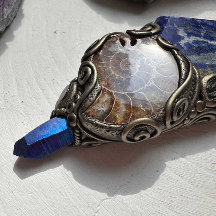 Lapis Lazuli Ammonite Cobalt Aura Quartz Moldavite and Black Onyx Wand / Meditation Focus - FairyGardenGlow