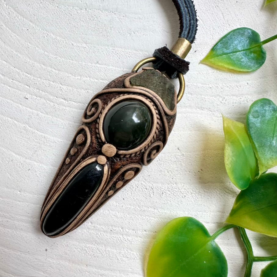 Black Tourmaline Rainbow Obsidian and Moldavite Pendant Necklace